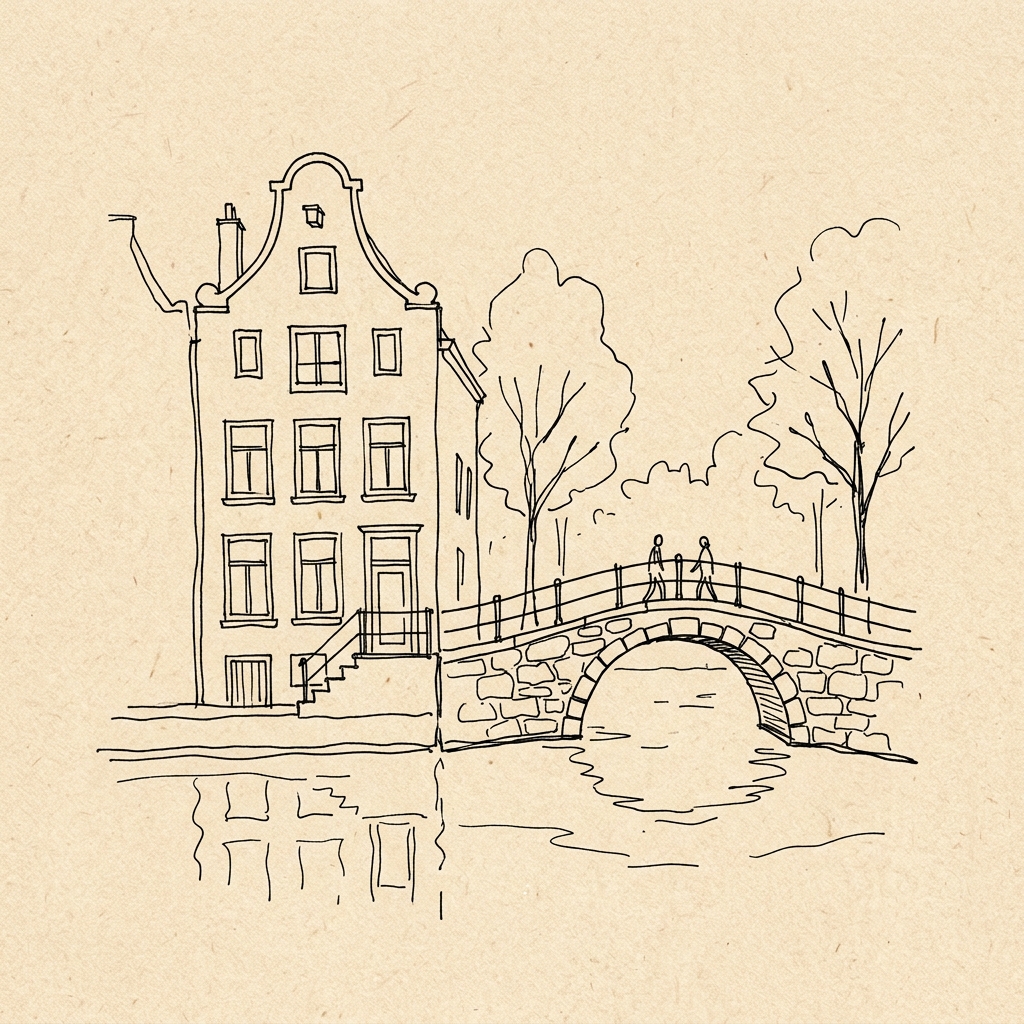 Een serene schets van de Amsterdamse grachten en een historisch grachtenpand